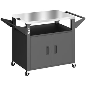 Chariot Barbecue Extérieur avec Plateau en Acier Inoxydable, Support à Pizza à 3 Étagères avec Placard de Rangement, Chariot BBQ Mobile sur Roulettes, Noir