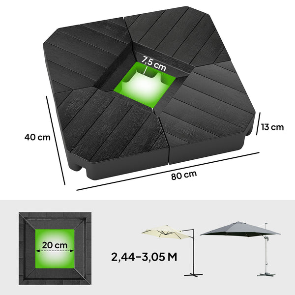 Lot de 4 dalles de parasol Poids de lestage carré pour parasols déportés pieds croix - à remplir d'eau ou de sable jusqu'à 60/80 kg - Noir