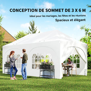 Tonnelle pliante 3x6m imperméable anti-UV, barnum avec 6 parois & 6 sacs de sable - tente de réception 12 trous de drainage - pavillon pop-up, 4 fenêtres église pour mariage, marché - blanc