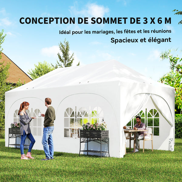 Tonnelle pliante 3x6m imperméable anti-UV, barnum avec 6 parois & 6 sacs de sable - tente de réception 12 trous de drainage - pavillon pop-up, 4 fenêtres église pour mariage, marché - blanc