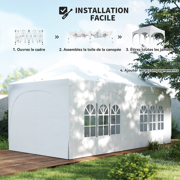 Tonnelle pliante 3x6m imperméable anti-UV, barnum avec 6 parois & 6 sacs de sable - tente de réception 12 trous de drainage - pavillon pop-up, 4 fenêtres église pour mariage, marché - blanc