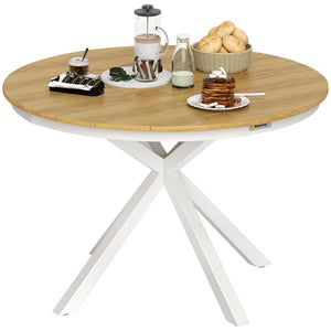 Table à manger de jardin, table de jardin ronde Ø 118 cm avec cadre en aluminium, plateau aspect effet bois et patins de pieds réglables, pour balcon, porche, terrasse, teck