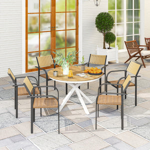Table à manger de jardin, table de jardin ronde Ø 118 cm avec cadre en aluminium, plateau aspect effet bois et patins de pieds réglables, pour balcon, porche, terrasse, teck