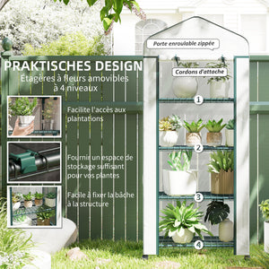 Serre de jardin avec étagères 4 niveaux, serre de balcon, bâche renforcée, châssis en acier, porte zippée, pour légumes plantes fleurs, intérieur et extérieur, 69 x 50 x 165 cm, blanc