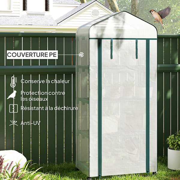 Serre de jardin avec étagères 4 niveaux, serre de balcon, bâche renforcée, châssis en acier, porte zippée, pour légumes plantes fleurs, intérieur et extérieur, 69 x 50 x 165 cm, blanc