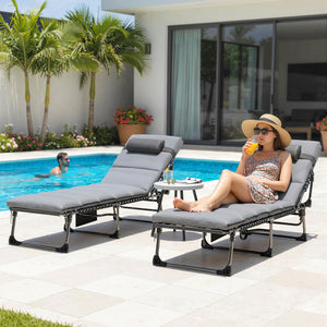 Lot de 2 Bain de Soleil avec Matelas 9cm - Chaise Longue Jardin 200cm Pliable Dossier Réglable 5 Positions, Appui-tête et Poche Latérale - Transat de Jardin pour Terrasse Plage Camping, Gris