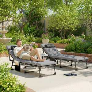 Lot de 2 Bain de Soleil avec Matelas 9cm - Chaise Longue Jardin 200cm Pliable Dossier Réglable 5 Positions, Appui-tête et Poche Latérale - Transat de Jardin pour Terrasse Plage Camping, Gris