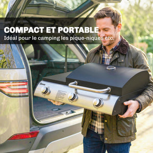 Barbecue à Gaz de Table 3 Brûleurs - Combiné Gril et Plancha avec Couvercle et Thermomètre - 8,1 kW Portable pour Camping Balcon Terrasse - Surface de Cuisson 2224 cm², Noir