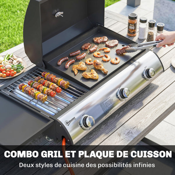 Barbecue à Gaz de Table 3 Brûleurs - Combiné Gril et Plancha avec Couvercle et Thermomètre - 8,1 kW Portable pour Camping Balcon Terrasse - Surface de Cuisson 2224 cm², Noir