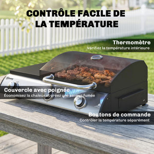 Barbecue à Gaz de Table 3 Brûleurs - Combiné Gril et Plancha avec Couvercle et Thermomètre - 8,1 kW Portable pour Camping Balcon Terrasse - Surface de Cuisson 2224 cm², Noir