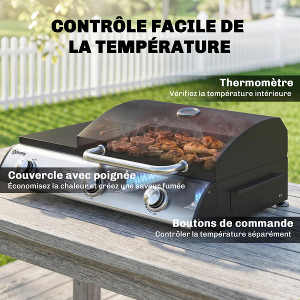 Barbecue à Gaz de Table 3 Brûleurs - Combiné Gril et Plancha avec Couvercle et Thermomètre - 8,1 kW Portable pour Camping Balcon Terrasse - Surface de Cuisson 2224 cm², Noir