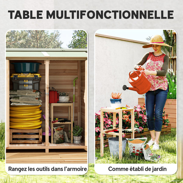 Armoire de jardin cabane à outils 140L x 75l x 157H cm 2 portes verrouillables tabouret de rangement toit en bitume imperméable bois de sapin pré-huilé