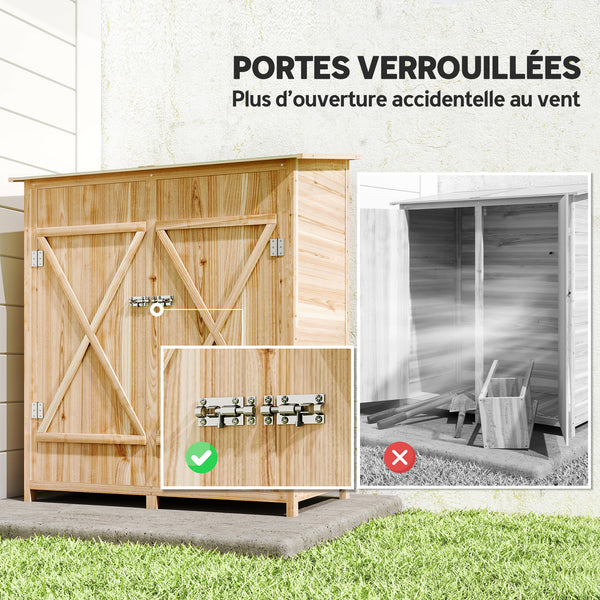 Armoire de jardin cabane à outils 140L x 75l x 157H cm 2 portes verrouillables tabouret de rangement toit en bitume imperméable bois de sapin pré-huilé