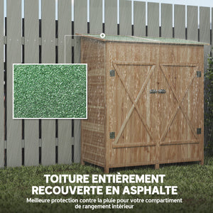Armoire de jardin cabane à outils 140L x 75l x 157H cm 2 portes verrouillables tabouret de rangement toit en bitume imperméable bois de sapin pré-huilé