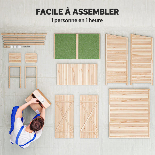 Armoire de jardin cabane à outils 140L x 75l x 157H cm 2 portes verrouillables tabouret de rangement toit en bitume imperméable bois de sapin pré-huilé