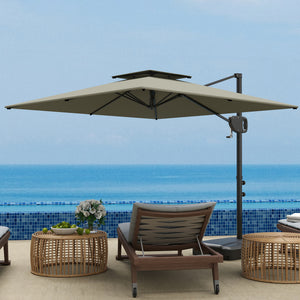 Parasol déporté carré 2,5 x 2,5 m, parasol de jardin extérieur avec manivelle, 2 bases incluses, toile polyester 200 g/m², double toit, 8 baleines, gris clair