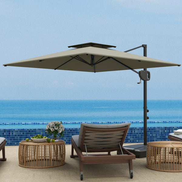 Parasol déporté carré 2,5 x 2,5 m, parasol de jardin extérieur avec manivelle, 2 bases incluses, toile polyester 200 g/m², double toit, 8 baleines, gris clair