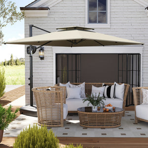 Parasol déporté carré 2,5 x 2,5 m, parasol de jardin extérieur avec manivelle, 2 bases incluses, toile polyester 200 g/m², double toit, 8 baleines, gris clair