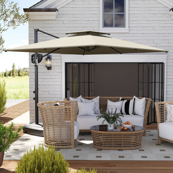 Parasol déporté carré 2,5 x 2,5 m, parasol de jardin extérieur avec manivelle, 2 bases incluses, toile polyester 200 g/m², double toit, 8 baleines, gris clair