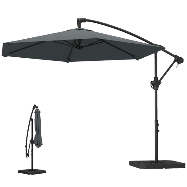 Parasol déporté 3 m avec pied en croix et dalles lestage, parasol de jardin extérieur avec manivelle et loquet de verrouillage, toile polyester 180 g/m², protection UV 30+, gris foncé