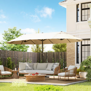 Parasol de jardin XXL avec pied en croix parasol grande taille 4,6L x 2,7l x 2,4H cm ouverture fermeture manivelle acier polyester haute densité crème