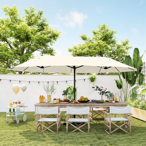 Parasol de jardin XXL avec pied en croix parasol grande taille 4,6L x 2,7l x 2,4H cm ouverture fermeture manivelle acier polyester haute densité crème