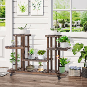 Étagère à fleurs, support de plantes 6 niveaux, peut accueillir 8 à 10 plantes en pot, avec roulettes multidirectionnelles, pour l'intérieur et l'extérieur, en bois massif, couleur carbonisée