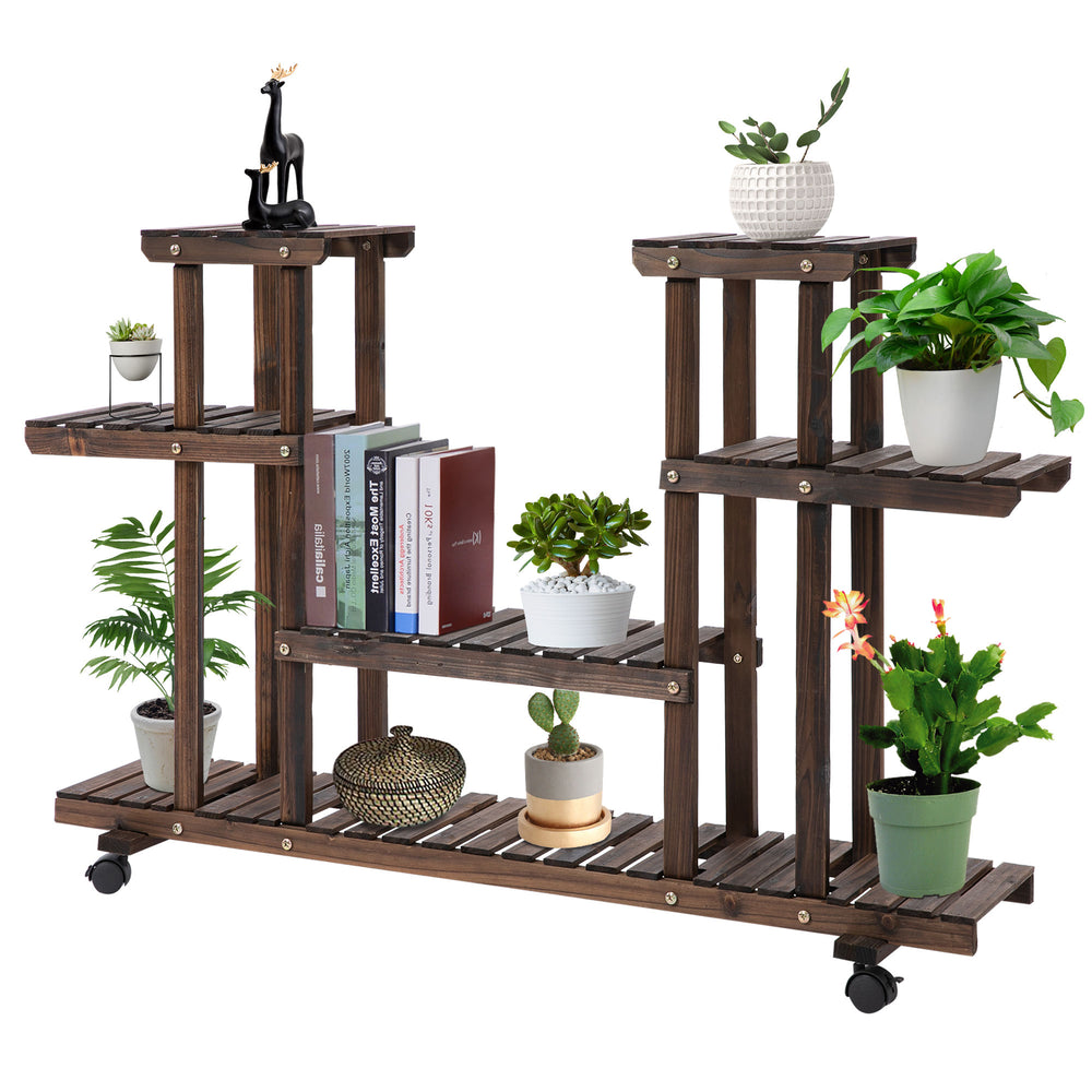 Étagère à fleurs, support de plantes 6 niveaux, peut accueillir 8 à 10 plantes en pot, avec roulettes multidirectionnelles, pour l'intérieur et l'extérieur, en bois massif, couleur carbonisée