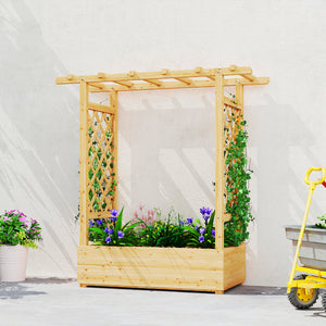 Jardinière Surélevée avec treillis Latéral et Supérieur, bac à fleurs, lit surélevé Trous de Drainage, pour plantes grimpantes, légumes, fleurs, extérieur, bois massif, bois naturel