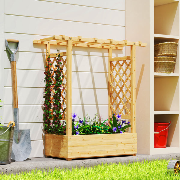 Jardinière Surélevée avec treillis Latéral et Supérieur, bac à fleurs, lit surélevé Trous de Drainage, pour plantes grimpantes, légumes, fleurs, extérieur, bois massif, bois naturel
