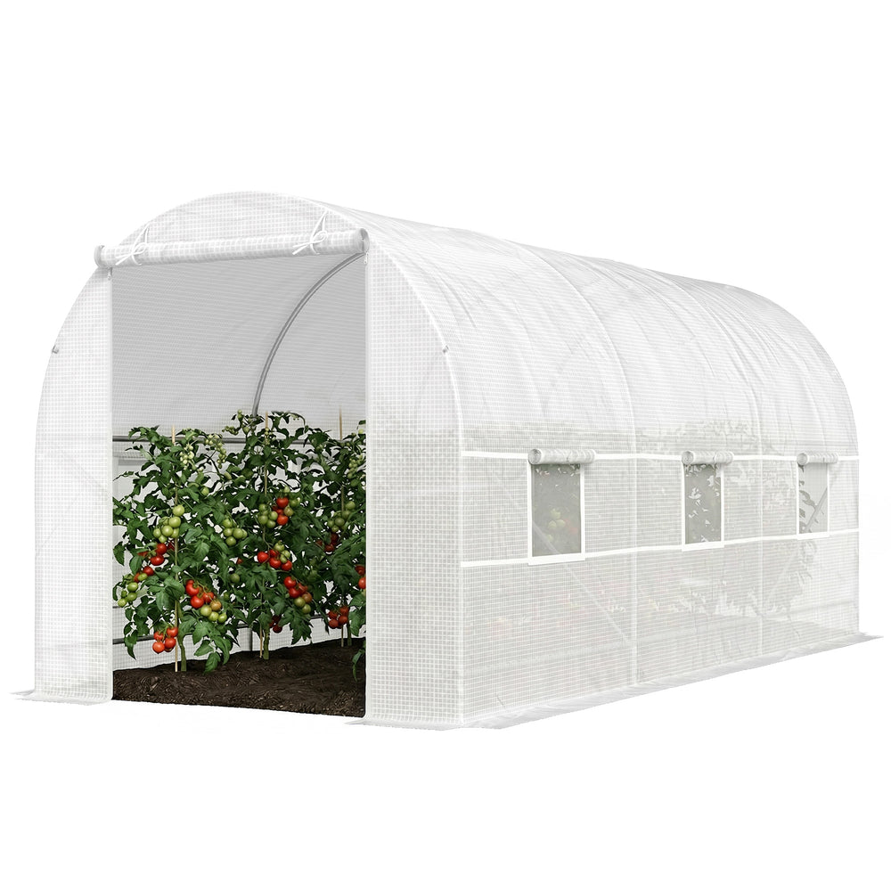 Serre tunnel de jardin 9m², serre de jardin tunnel 445x200x200cm avec porte et 6 fenêtres, pour extérieur, toutes saisons, légumes, fruits, fleurs, bâche PE haute densité 140 g/m² blanc