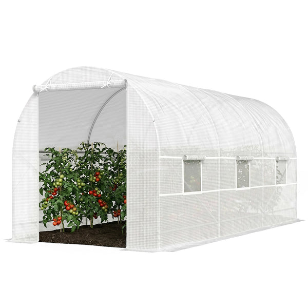 Serre tunnel de jardin 9m², serre de jardin tunnel 445x200x200cm avec porte et 6 fenêtres, pour extérieur, toutes saisons, légumes, fruits, fleurs, bâche PE haute densité 140 g/m² blanc