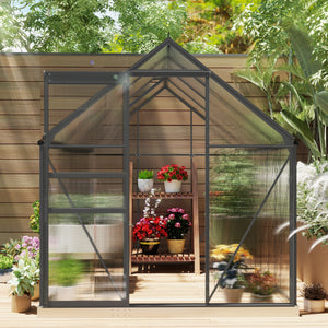 Serre de Jardin 4,8 m² en Aluminium Polycarbonate avec Fondation, 190 x 253 x 199 cm, Serre avec Fenêtre Réglable et Porte Coulissante, Abri Extérieur Résistant aux Intempéries, Gris Foncé