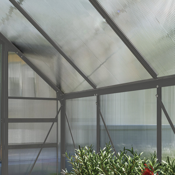 Serre de Jardin 4,8 m² en Aluminium Polycarbonate avec Fondation, 190 x 253 x 199 cm, Serre avec Fenêtre Réglable et Porte Coulissante, Abri Extérieur Résistant aux Intempéries, Gris Foncé