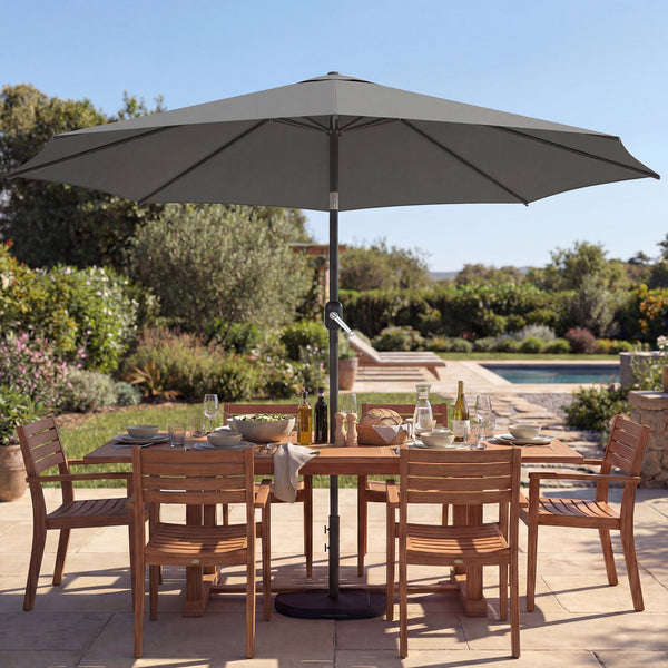 Parasol de jardin extérieur rond Ø 3 x 2,5 m parasol droit inclinable avec Base et Poids Sable, nervure rétractable, ouverture fermeture manivelle, mât en métal, toile 180 g/m², Gris Foncé