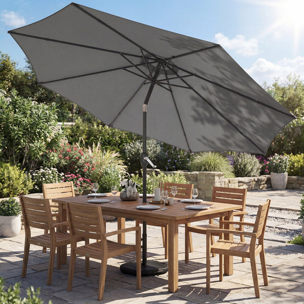 Parasol de jardin extérieur rond Ø 3 x 2,5 m parasol droit inclinable avec Base et Poids Sable, nervure rétractable, ouverture fermeture manivelle, mât en métal, toile 180 g/m², Gris Foncé