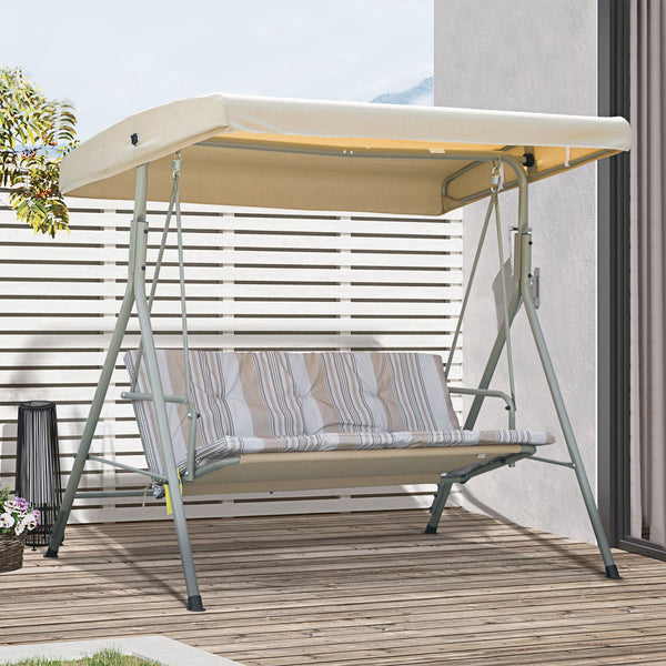 Balancelle de Jardin 3 Places Grand Confort Toit Inclinaison réglable épais Coussins Amovibles Polyester Acier époxy marron clair