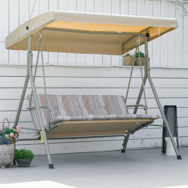 Balancelle de Jardin 3 Places Grand Confort Toit Inclinaison réglable épais Coussins Amovibles Polyester Acier époxy marron clair