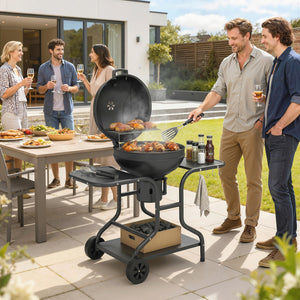 Barbecue à charbon Rond avec couvercle Barbecue Rond Extérieur avec Thermomètre, Tables Latérales, Étagère Inférieure, Roues pour Jardin, Terrasse, Noir
