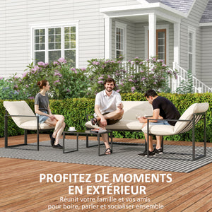 Salon de jardin extérieur 4 pièces avec coussins ultra-épais 15cm - ensemble mobilier de jardin et salon bas pour terrasse - canapé 2 places avec table basse et 2 fauteuils, cadre acier noir