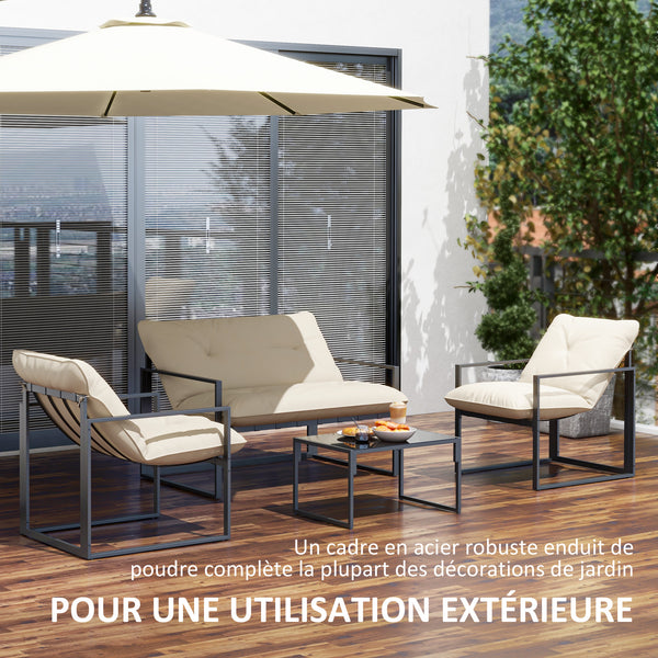 Salon de jardin extérieur 4 pièces avec coussins ultra-épais 15cm - ensemble mobilier de jardin et salon bas pour terrasse - canapé 2 places avec table basse et 2 fauteuils, cadre acier noir