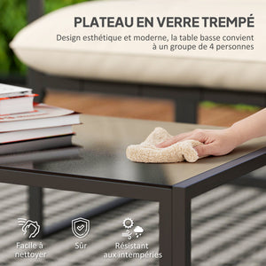 Salon de jardin extérieur 4 pièces avec coussins ultra-épais 15cm - ensemble mobilier de jardin et salon bas pour terrasse - canapé 2 places avec table basse et 2 fauteuils, cadre acier noir