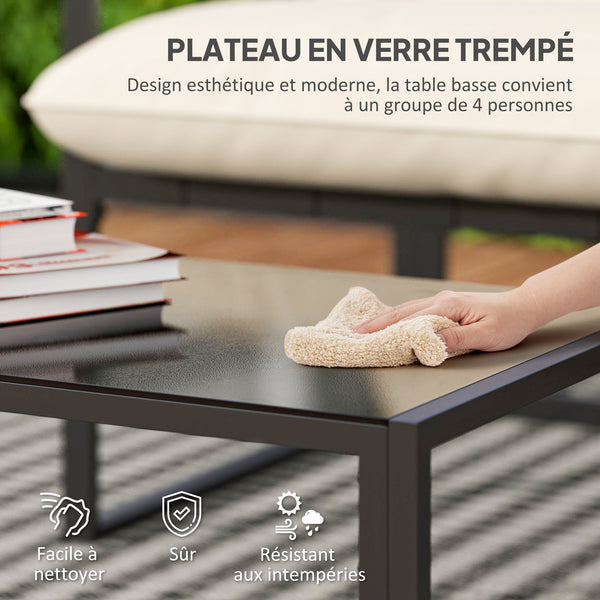 Salon de jardin extérieur 4 pièces avec coussins ultra-épais 15cm - ensemble mobilier de jardin et salon bas pour terrasse - canapé 2 places avec table basse et 2 fauteuils, cadre acier noir