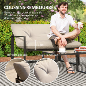 Salon de jardin extérieur 4 pièces avec coussins ultra-épais 15cm - ensemble mobilier de jardin et salon bas pour terrasse - canapé 2 places avec table basse et 2 fauteuils, cadre acier noir