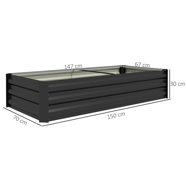 Jardinière rectangulaire potager de jardin bac à fleurs en acier avec bordure de sécurité et fond ouvert dim. 150L x 70l x 30H cm noir