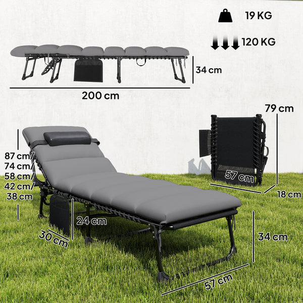 Lot de 2 Bains de Soleil 200cm avec Matelas XXL 9cm - Transat de Jardin Inclinable 180° Plat - Lit de Camp Pliable à 5 Positions, Charge 120kg, Poignée de Transport et Poche Latérale, Gris
