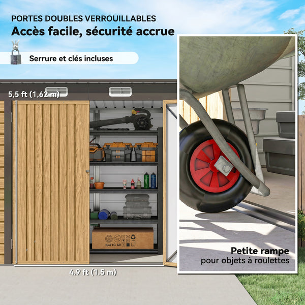 Abri de Jardin en Métal 3 m², Cabane de Jardin 249x121x183cm, Structure en Acier Galvanisé Améliorée, Cabanon Rangement Outils, Gants, Portes Verrouillables, Aérations, Chêne