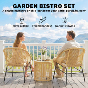 Ensemble bistro en rotin 3 pièces, 2 chaises de jardin, table en verre, coussins lavables, ensemble ergonomique pour balcon, salon de jardin pour jardin, terrasse, beige