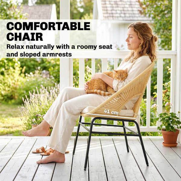 Ensemble bistro en rotin 3 pièces, 2 chaises de jardin, table en verre, coussins lavables, ensemble ergonomique pour balcon, salon de jardin pour jardin, terrasse, beige