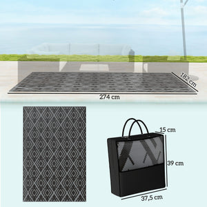 Tapis d'extérieur réversible 1,8 x 2,7 m, tapis de sol au motif diamant, en PP résistant aux intempéries, sac de transport inclus, tapis extérieur terrasse, pique-nique, camping, noir et gris